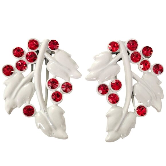 Vintage Fur Clips White Enamel Red Rhinestones 1930-1940 Pin L890